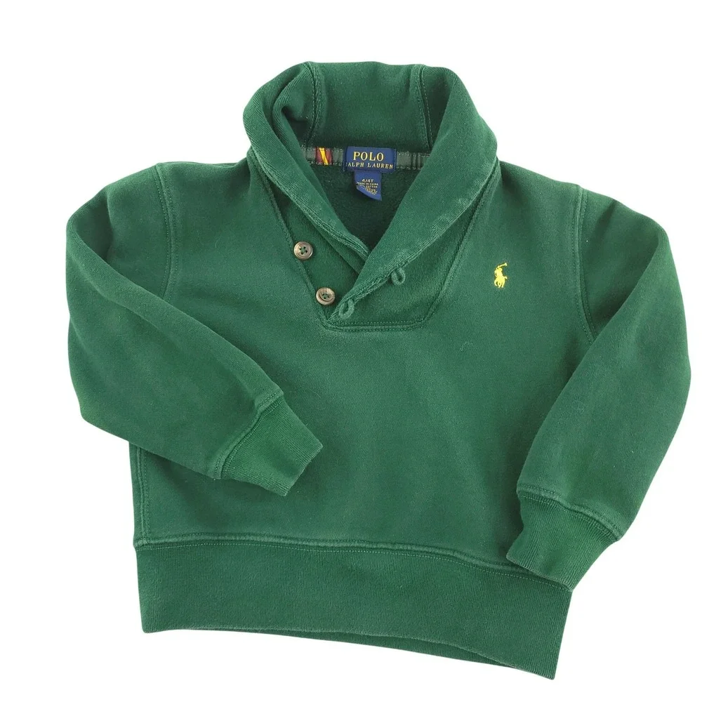 Polo Ralph Lauren Sweater Boys 4T Green Fleece Shawl Collar Pullover Pony Logo